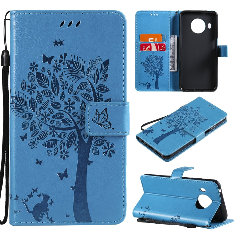Custodia in pelle sintetica a vibrazione orizzontale con motivo ad albero e gatto con supporto e fessure per carte, portafoglio e cordino, For Nokia G10, For Nokia X20