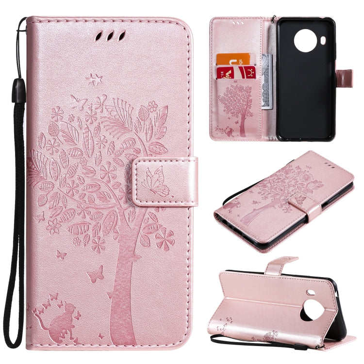 Custodia in pelle sintetica a vibrazione orizzontale con motivo ad albero e gatto con supporto e fessure per carte, portafoglio e cordino, For Nokia G10, For Nokia X20