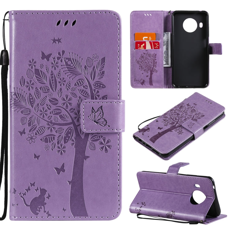 Custodia in pelle sintetica a vibrazione orizzontale con motivo ad albero e gatto con supporto e fessure per carte, portafoglio e cordino, For Nokia G10, For Nokia X20