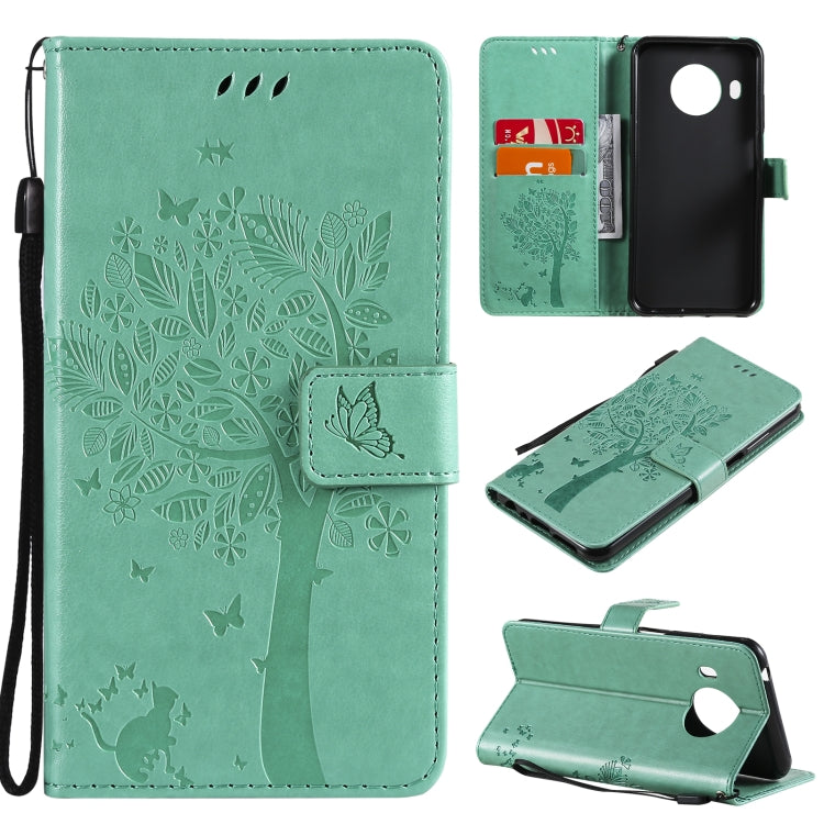 Custodia in pelle sintetica a vibrazione orizzontale con motivo ad albero e gatto con supporto e fessure per carte, portafoglio e cordino, For Nokia G10, For Nokia X20