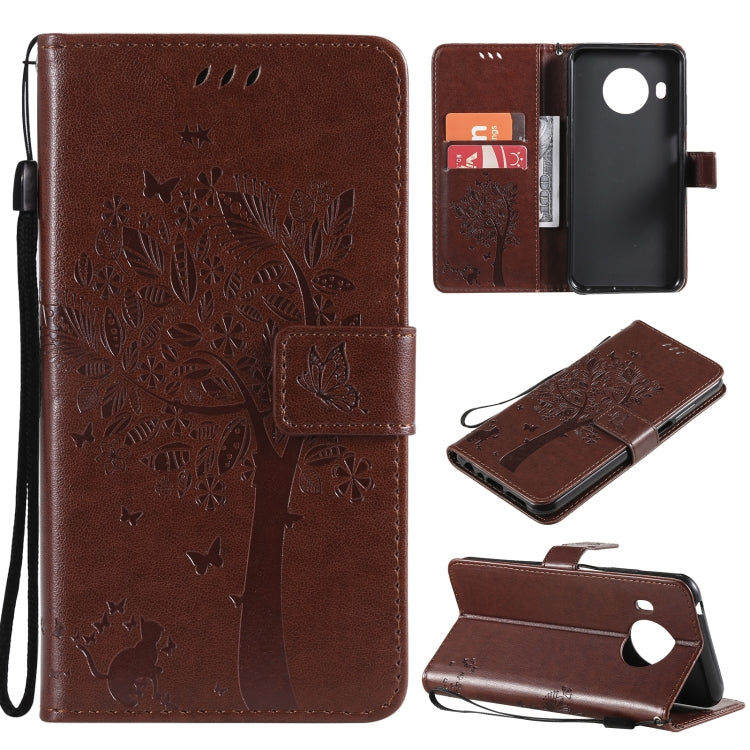 Custodia in pelle sintetica a vibrazione orizzontale con motivo ad albero e gatto con supporto e fessure per carte, portafoglio e cordino, For Nokia X10, For Nokia 5.3