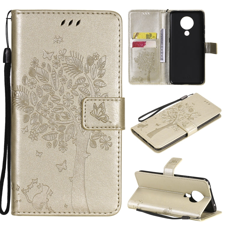 Custodia in pelle sintetica a vibrazione orizzontale con motivo ad albero e gatto con supporto e fessure per carte, portafoglio e cordino, For Nokia X10, For Nokia 5.3