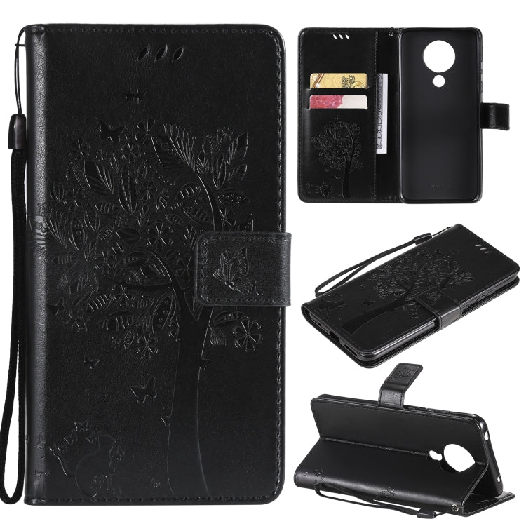 Custodia in pelle sintetica a vibrazione orizzontale con motivo ad albero e gatto con supporto e fessure per carte, portafoglio e cordino, For Nokia X10, For Nokia 5.3