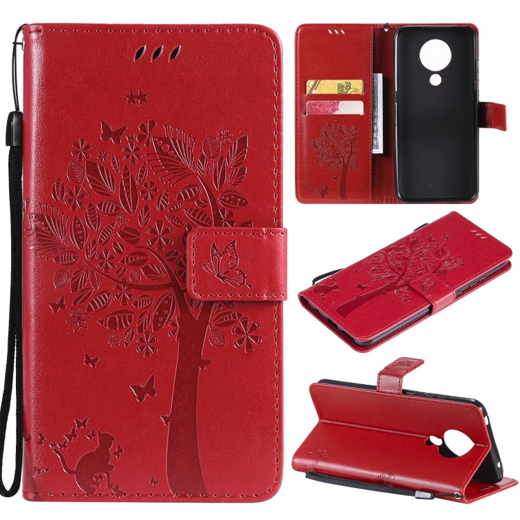 Custodia in pelle sintetica a vibrazione orizzontale con motivo ad albero e gatto con supporto e fessure per carte, portafoglio e cordino, For Nokia X10, For Nokia 5.3