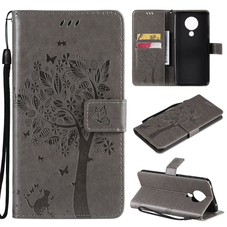 Custodia in pelle sintetica a vibrazione orizzontale con motivo ad albero e gatto con supporto e fessure per carte, portafoglio e cordino, For Nokia X10, For Nokia 5.3