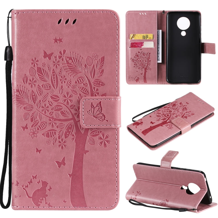 Custodia in pelle sintetica a vibrazione orizzontale con motivo ad albero e gatto con supporto e fessure per carte, portafoglio e cordino, For Nokia X10, For Nokia 5.3