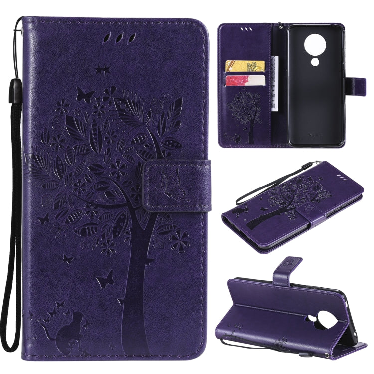 Custodia in pelle sintetica a vibrazione orizzontale con motivo ad albero e gatto con supporto e fessure per carte, portafoglio e cordino, For Nokia X10, For Nokia 5.3