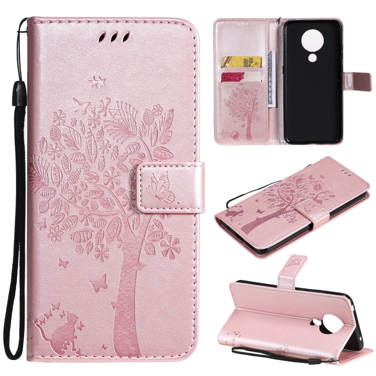 Custodia in pelle sintetica a vibrazione orizzontale con motivo ad albero e gatto con supporto e fessure per carte, portafoglio e cordino, For Nokia X10, For Nokia 5.3