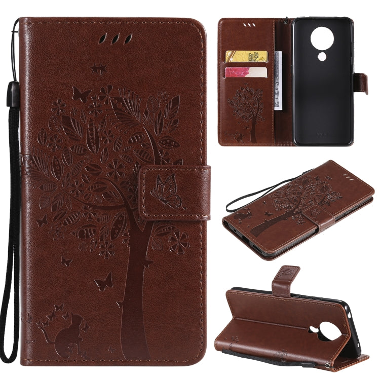 Custodia in pelle sintetica a vibrazione orizzontale con motivo ad albero e gatto con supporto e fessure per carte, portafoglio e cordino, For Nokia X10, For Nokia 5.3