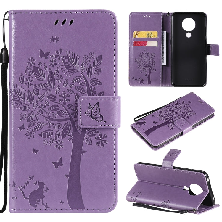 Custodia in pelle sintetica a vibrazione orizzontale con motivo ad albero e gatto con supporto e fessure per carte, portafoglio e cordino, For Nokia X10, For Nokia 5.3
