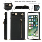 Custodia con cover posteriore quadrata in TPU + PU con cerniera a tracolla con supporto e slot per schede e portafoglio e cinturino, For iPhone 8 Plus / 7 Plus, For iPhone 11, For iPhone 11 Pro, For iPhone 11 Pro Max