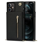 Custodia con cover posteriore quadrata in TPU + PU con cerniera a tracolla con supporto e slot per schede e portafoglio e cinturino, For iPhone 12 mini, For iPhone 12 / 12 Pro, For iPhone 12 Pro Max, For iPhone SE 2022 / SE 2020 / 8 / 7
