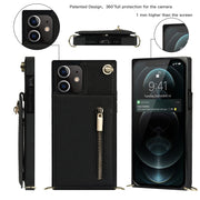 Custodia con cover posteriore quadrata in TPU + PU con cerniera a tracolla con supporto e slot per schede e portafoglio e cinturino, For iPhone 12 mini, For iPhone 12 / 12 Pro, For iPhone 12 Pro Max, For iPhone SE 2022 / SE 2020 / 8 / 7
