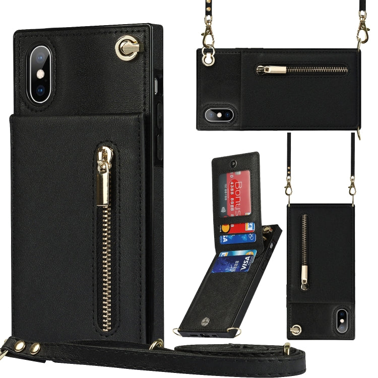 Custodia con cover posteriore quadrata in TPU + PU con cerniera a tracolla con supporto e slot per schede e portafoglio e cinturino, For iPhone XS / X, For iPhone XR, For iPhone XS Max