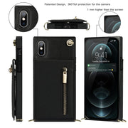 Custodia con cover posteriore quadrata in TPU + PU con cerniera a tracolla con supporto e slot per schede e portafoglio e cinturino, For iPhone XS / X, For iPhone XR, For iPhone XS Max