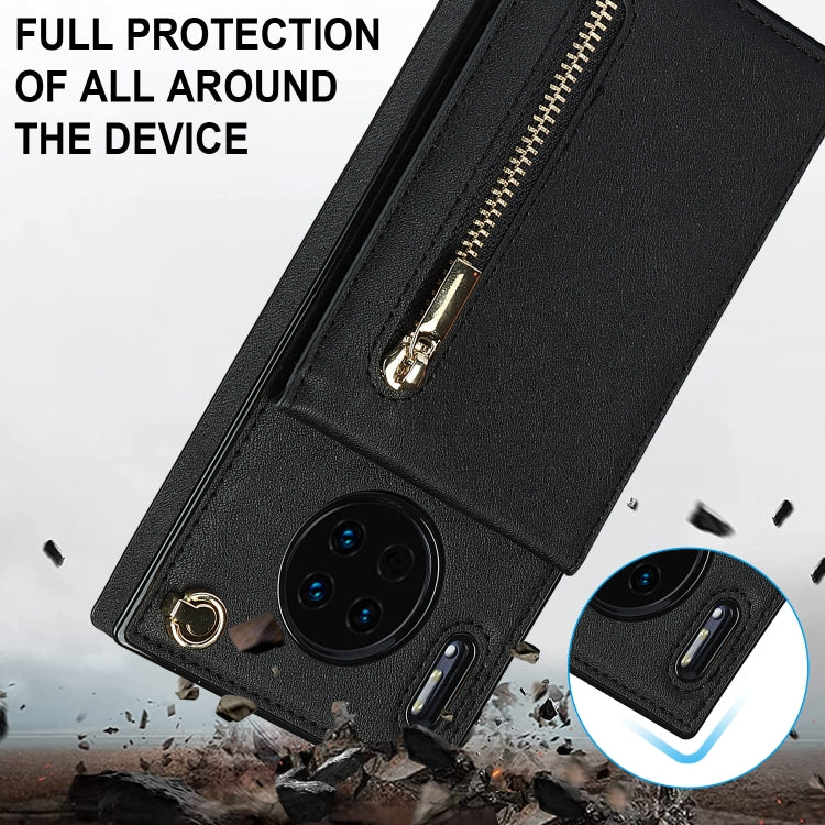 Custodia con cover posteriore quadrata in TPU + PU con cerniera a tracolla con supporto e slot per schede e portafoglio e cinturino, For Huawei Mate 30, For Huawei Mate 30 Pro, For Huawei P30, For Huawei P30 Lite