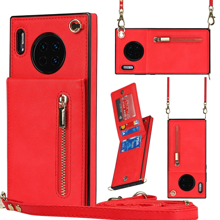 Custodia con cover posteriore quadrata in TPU + PU con cerniera a tracolla con supporto e slot per schede e portafoglio e cinturino, For Huawei Mate 30, For Huawei Mate 30 Pro, For Huawei P30, For Huawei P30 Lite