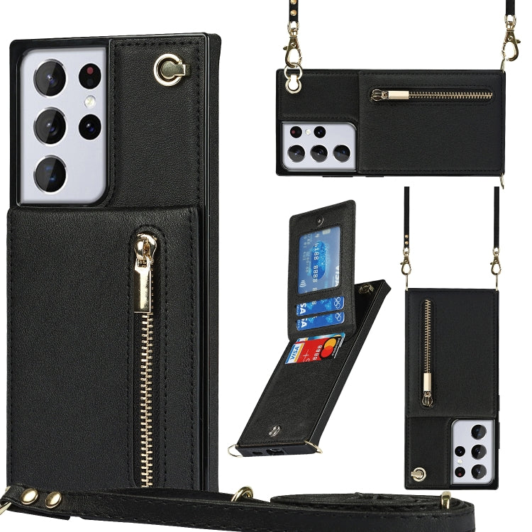 Custodia con cover posteriore quadrata in TPU + PU con cerniera a tracolla con supporto e slot per schede e portafoglio e cinturino, For Samsung Galaxy S21 5G, For Samsung Galaxy S21+ 5G, For Samsung Galaxy S21 Ultra 5G, For Samsung Galaxy S20