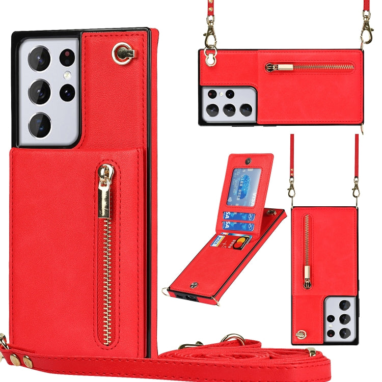 Custodia con cover posteriore quadrata in TPU + PU con cerniera a tracolla con supporto e slot per schede e portafoglio e cinturino, For Samsung Galaxy S21 5G, For Samsung Galaxy S21+ 5G, For Samsung Galaxy S21 Ultra 5G, For Samsung Galaxy S20