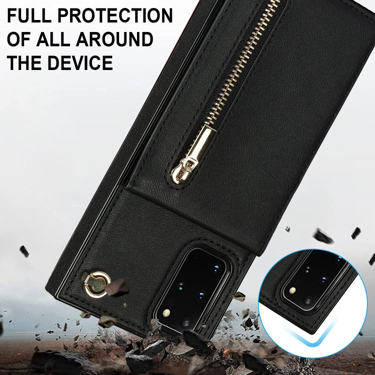 Custodia con cover posteriore quadrata in TPU + PU con cerniera a tracolla con supporto e slot per schede e portafoglio e cinturino, For Samsung Galaxy S20+, For Samsung Galaxy S20 Ultra, For Samsung Galaxy S20 FE 5G, For Samsung Galaxy Note20 Ultra