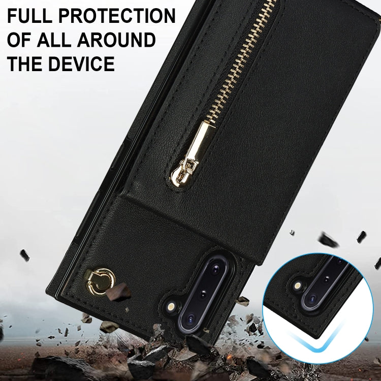 Custodia con cover posteriore quadrata in TPU + PU con cerniera a tracolla con supporto e slot per schede e portafoglio e cinturino, For Samsung Galaxy Note10, For Samsung Galaxy Note10+, For Samsung Galaxy S10, For Samsung Galaxy S10 Plus