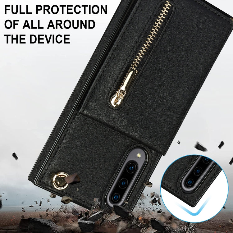 Custodia con cover posteriore quadrata in TPU + PU con cerniera a tracolla con supporto e slot per schede e portafoglio e cinturino, For Samsung Galaxy A90 5G