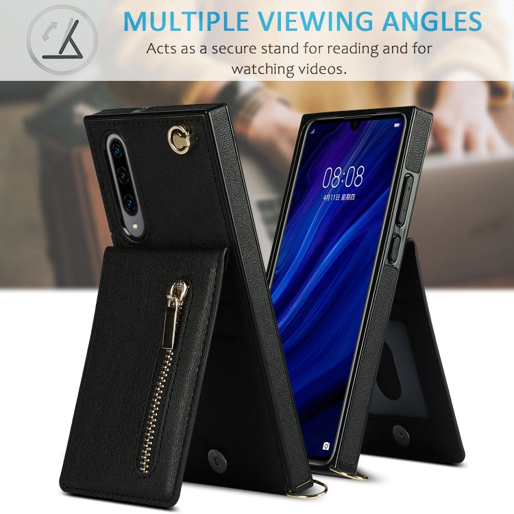 Custodia con cover posteriore quadrata in TPU + PU con cerniera a tracolla con supporto e slot per schede e portafoglio e cinturino, For Samsung Galaxy A90 5G