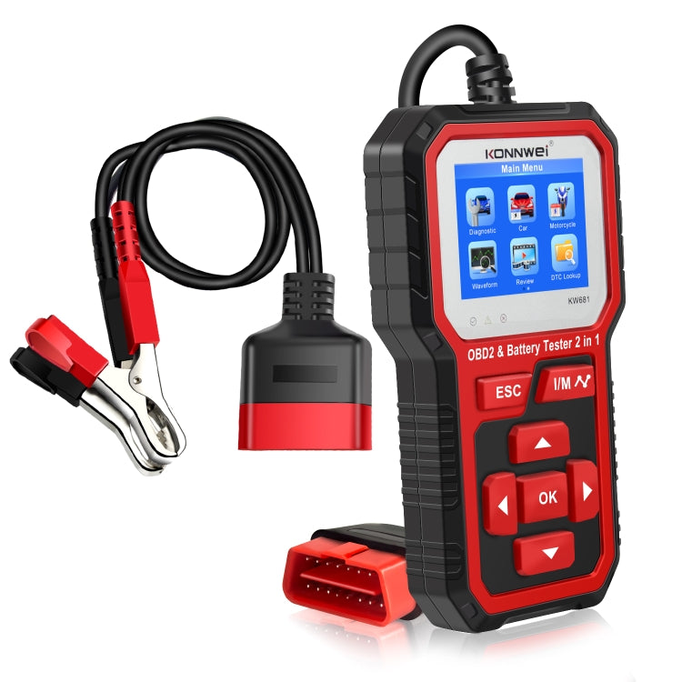 KONNWEI KW681 Auto Schermo TFT da 2,4 pollici Diagnosi guasti OBD + Tester batteria 6V-12V Supporto 9 lingue, KW681