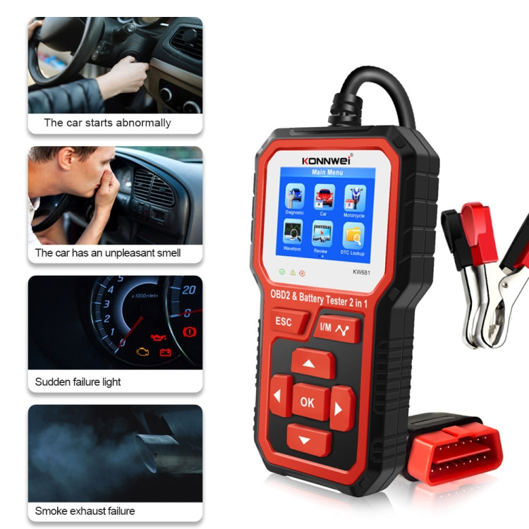 KONNWEI KW681 Auto Schermo TFT da 2,4 pollici Diagnosi guasti OBD + Tester batteria 6V-12V Supporto 9 lingue, KW681