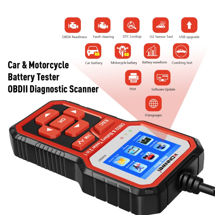 KONNWEI KW681 Auto Schermo TFT da 2,4 pollici Diagnosi guasti OBD + Tester batteria 6V-12V Supporto 9 lingue, KW681