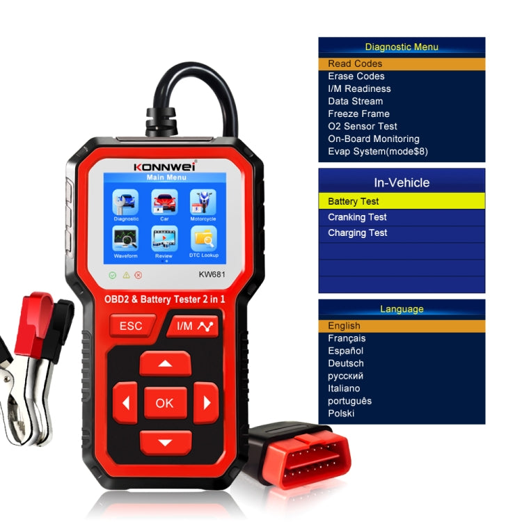 KONNWEI KW681 Auto Schermo TFT da 2,4 pollici Diagnosi guasti OBD + Tester batteria 6V-12V Supporto 9 lingue, KW681