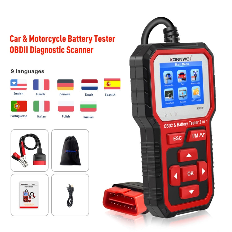 KONNWEI KW681 Auto Schermo TFT da 2,4 pollici Diagnosi guasti OBD + Tester batteria 6V-12V Supporto 9 lingue, KW681