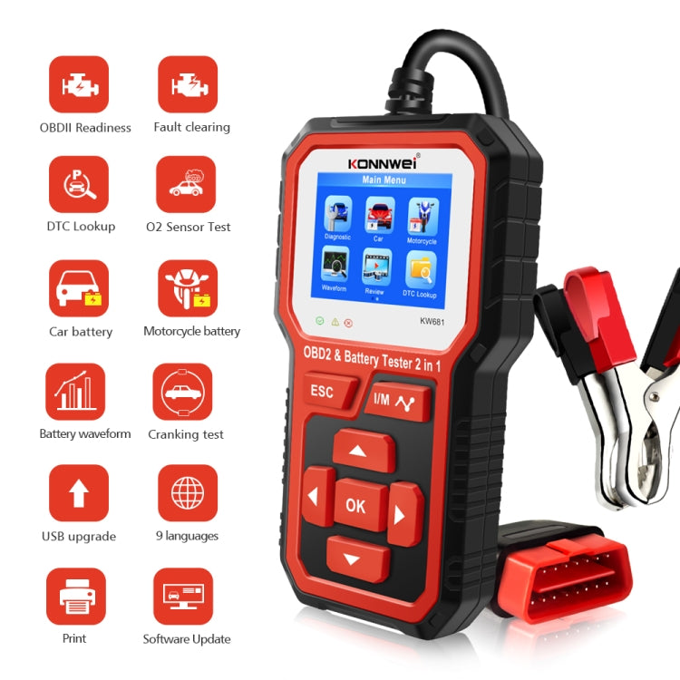 KONNWEI KW681 Auto Schermo TFT da 2,4 pollici Diagnosi guasti OBD + Tester batteria 6V-12V Supporto 9 lingue, KW681
