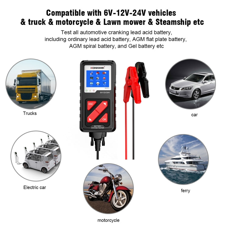 KONNWEI KW710 Tester per batterie al piombo-acido da 3,2 pollici 6V-24V per auto, supporta 13 lingue, KW710