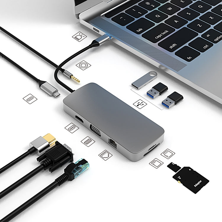 Docking station USB-C 10 in 1 con HDMI, VGA, RJ45 e slot SD/TF