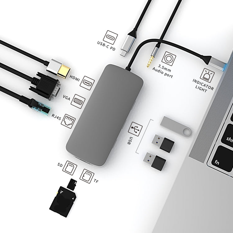 Docking station USB-C 10 in 1 con HDMI, VGA, RJ45 e slot SD/TF