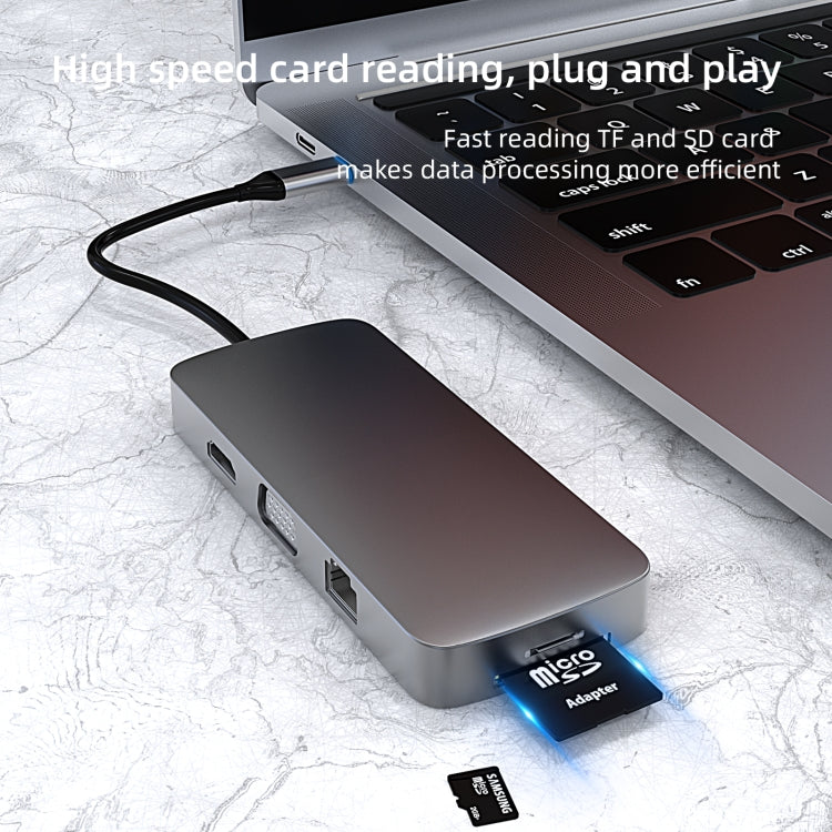 Docking station USB-C 10 in 1 con HDMI, VGA, RJ45 e slot SD/TF
