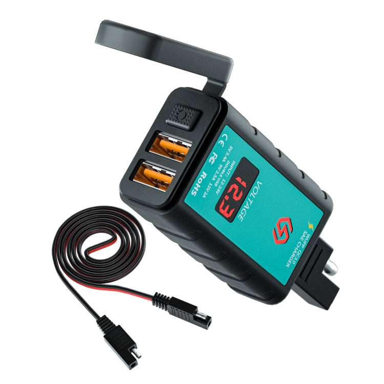 WUPP ZH-1422A2 Caricabatterie a ricarica rapida doppio USB quadrato per moto DC12-24V con interruttore + voltmetro + presa SAE integrata + cavo presa SAE da 1 m, ZH-1422A2