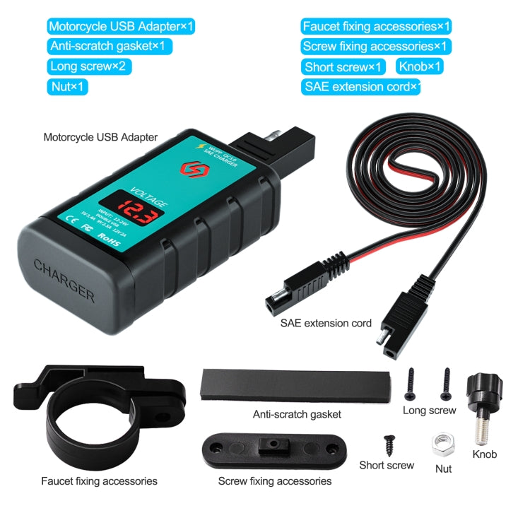 WUPP ZH-1422A2 Caricabatterie a ricarica rapida doppio USB quadrato per moto DC12-24V con interruttore + voltmetro + presa SAE integrata + cavo presa SAE da 1 m, ZH-1422A2