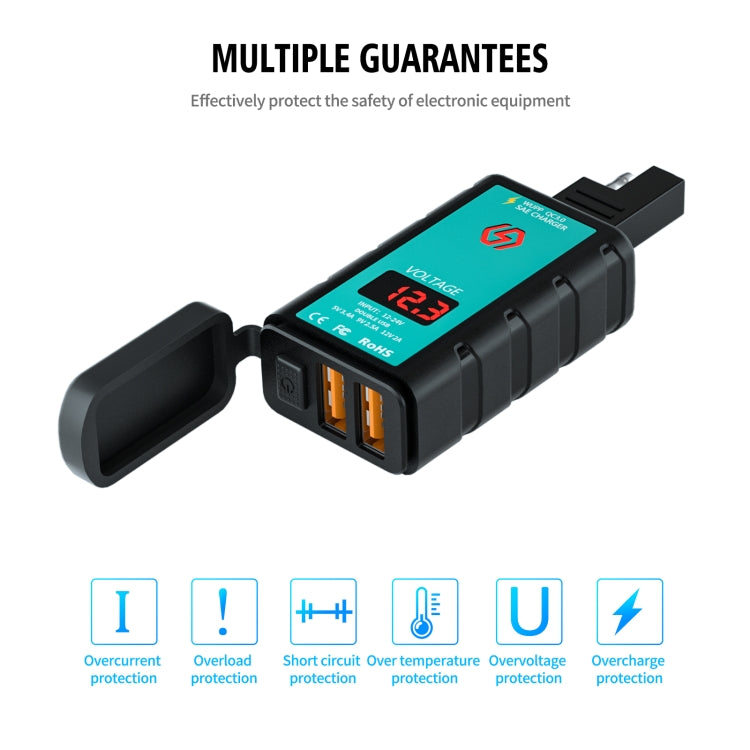 WUPP ZH-1422A2 Caricabatterie a ricarica rapida doppio USB quadrato per moto DC12-24V con interruttore + voltmetro + presa SAE integrata + cavo presa SAE da 1 m, ZH-1422A2