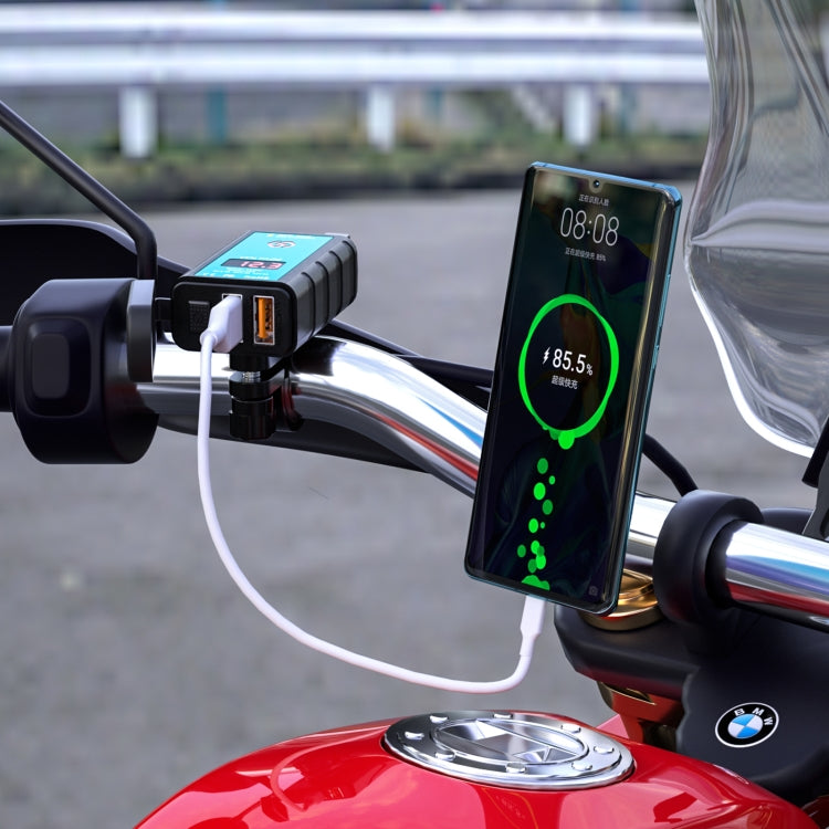 WUPP ZH-1422A2 Caricabatterie a ricarica rapida doppio USB quadrato per moto DC12-24V con interruttore + voltmetro + presa SAE integrata + cavo presa SAE da 1 m, ZH-1422A2