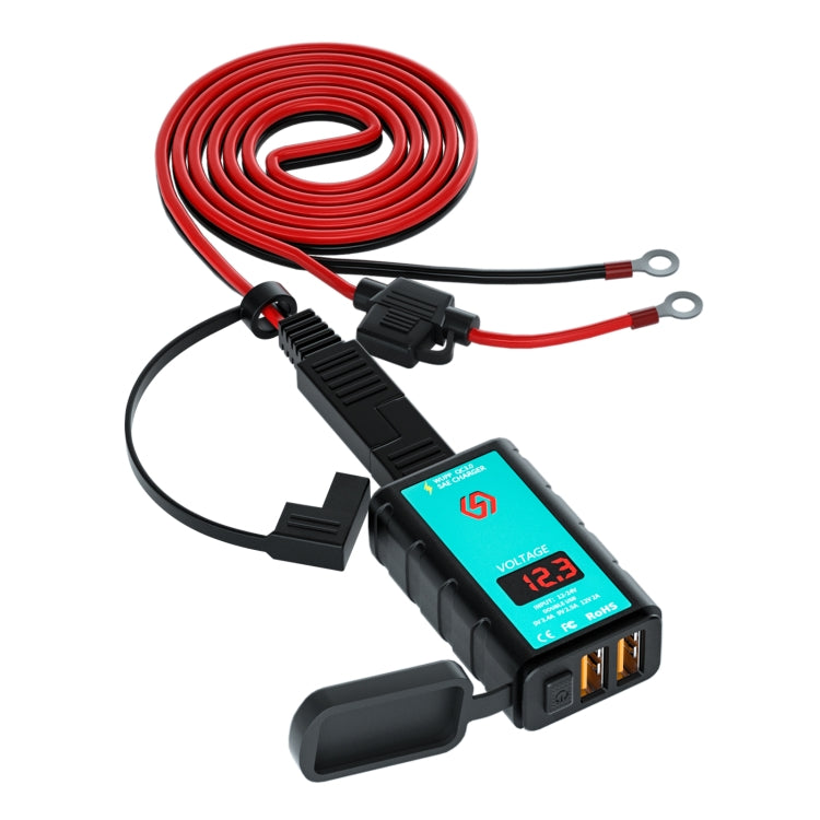 WUPP ZH-1422A3 Caricatore di ricarica rapido doppio USB quadrato per moto DC12-24V con interruttore + voltmetro + presa SAE integrata + cavo terminale OT da 1,4 m, ZH-1422A3