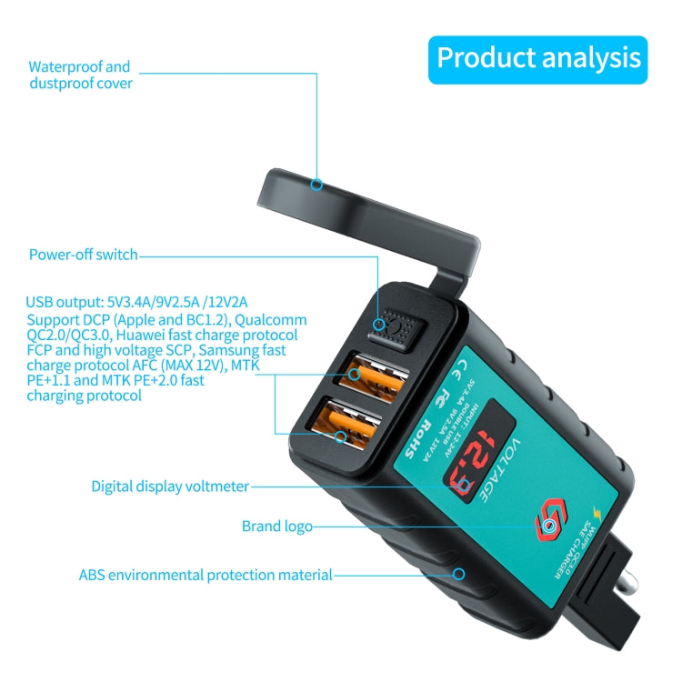WUPP ZH-1422A3 Caricatore di ricarica rapido doppio USB quadrato per moto DC12-24V con interruttore + voltmetro + presa SAE integrata + cavo terminale OT da 1,4 m, ZH-1422A3