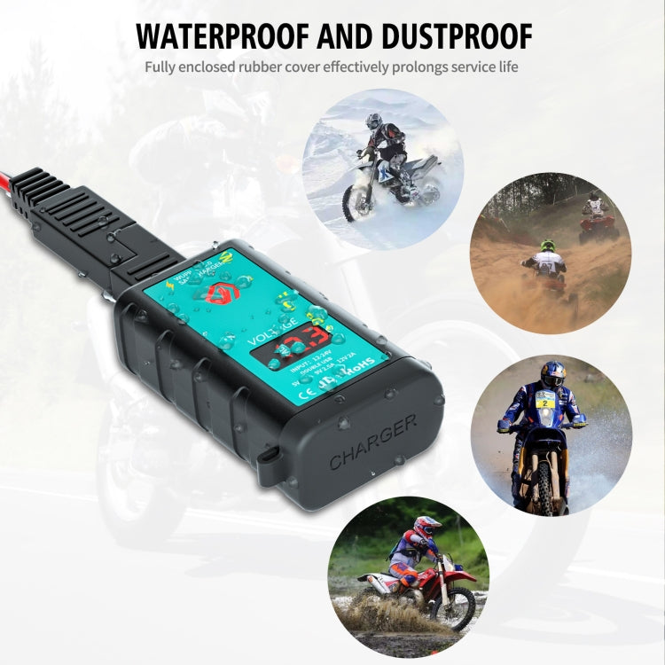 WUPP ZH-1422A3 Caricatore di ricarica rapido doppio USB quadrato per moto DC12-24V con interruttore + voltmetro + presa SAE integrata + cavo terminale OT da 1,4 m, ZH-1422A3