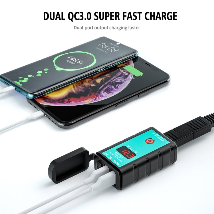 WUPP ZH-1422A3 Caricatore di ricarica rapido doppio USB quadrato per moto DC12-24V con interruttore + voltmetro + presa SAE integrata + cavo terminale OT da 1,4 m, ZH-1422A3