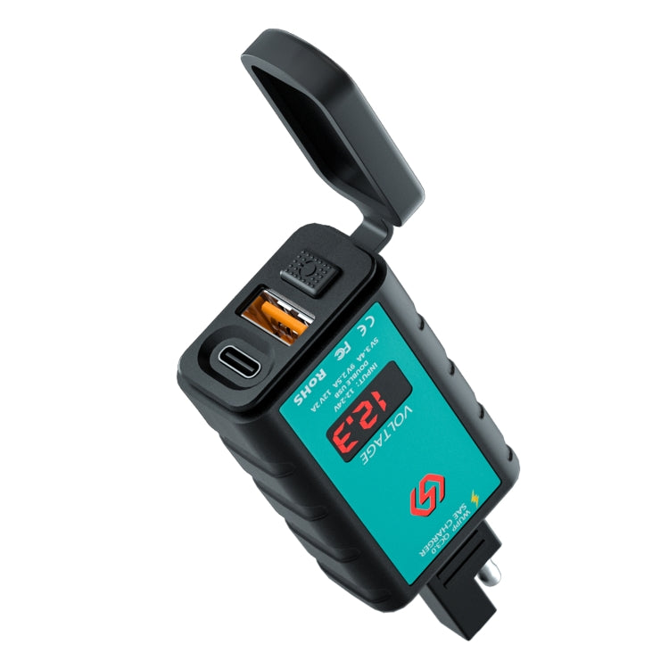WUPP ZH-1422B1 DC12-24V Caricatore quadrato singolo USB + PD per moto DC12-24V con interruttore + voltmetro + presa SAE integrata, ZH-1422B1