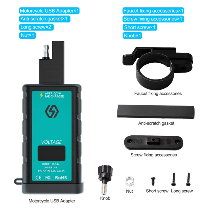 WUPP ZH-1422B1 DC12-24V Caricatore quadrato singolo USB + PD per moto DC12-24V con interruttore + voltmetro + presa SAE integrata, ZH-1422B1