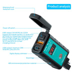 WUPP ZH-1422B1 DC12-24V Caricatore quadrato singolo USB + PD per moto DC12-24V con interruttore + voltmetro + presa SAE integrata, ZH-1422B1