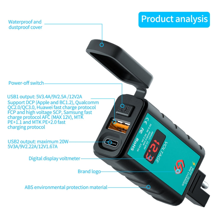 WUPP ZH-1422B1 DC12-24V Caricatore quadrato singolo USB + PD per moto DC12-24V con interruttore + voltmetro + presa SAE integrata, ZH-1422B1