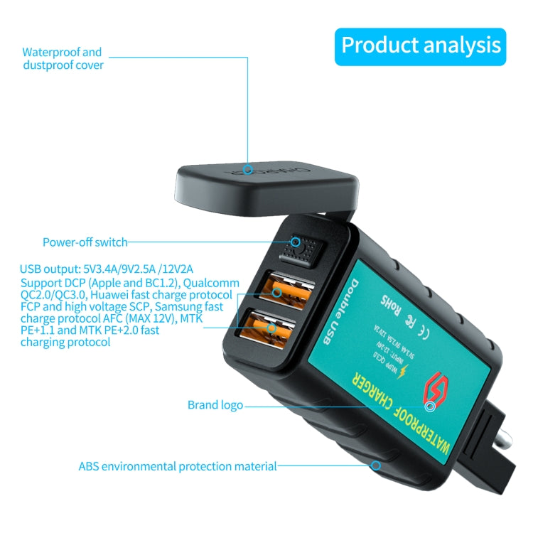 Caricabatterie rapido USB doppio quadrato per moto WUPP ZH-1422C2 con interruttore + presa SAE integrata + cavo presa SAE da 1 m, ZH-1422C2